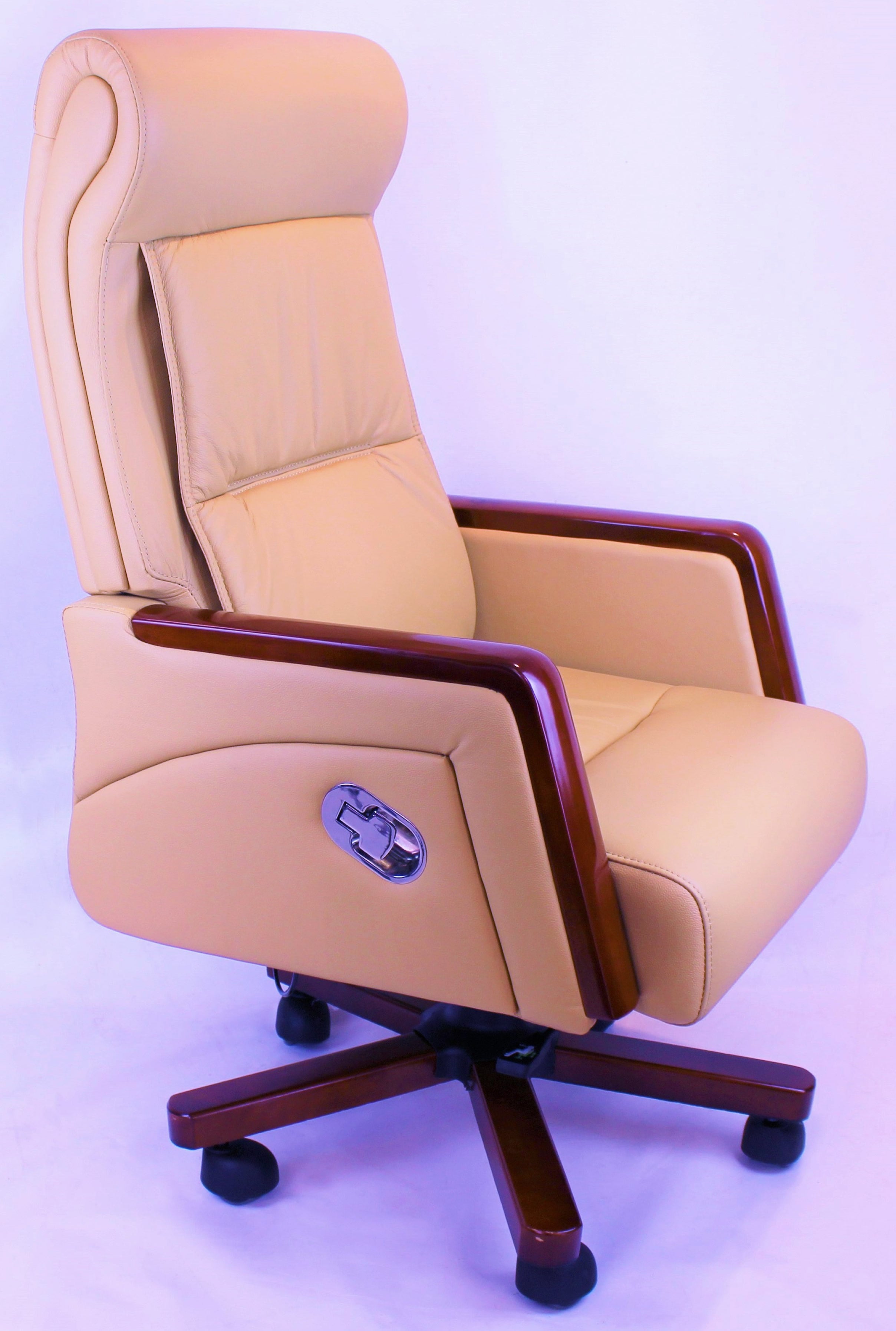 Reclining Beige Leather Executive Office Chair with Wooden Arms - SZ-A109